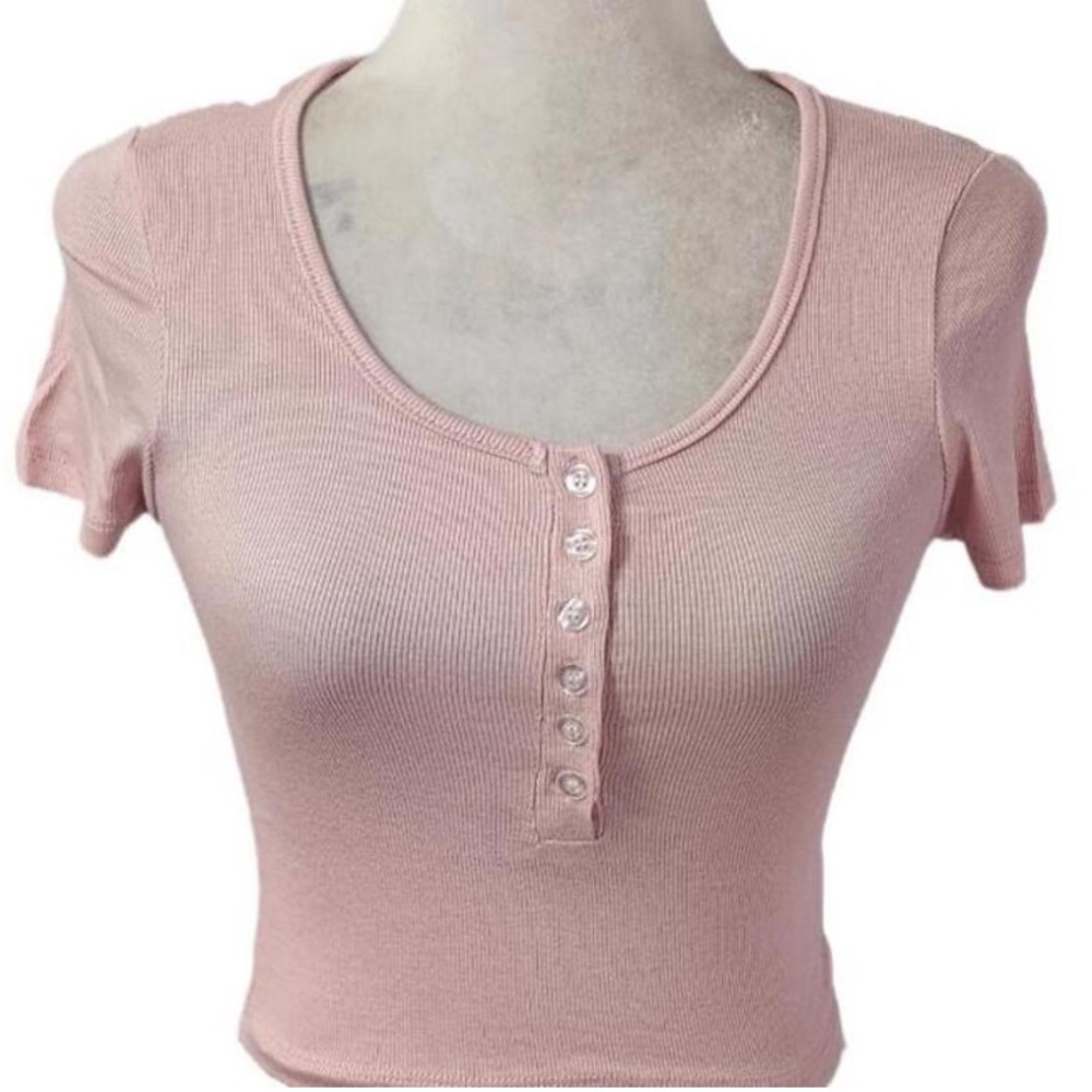 Olivaceous Women's Pink Henley baby tee ribbed Top Size Small
